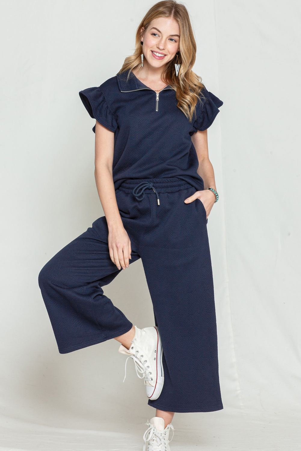 Navy Blue Textured Ruffle Cap Sleeve Top And Wide Leg Pants Set