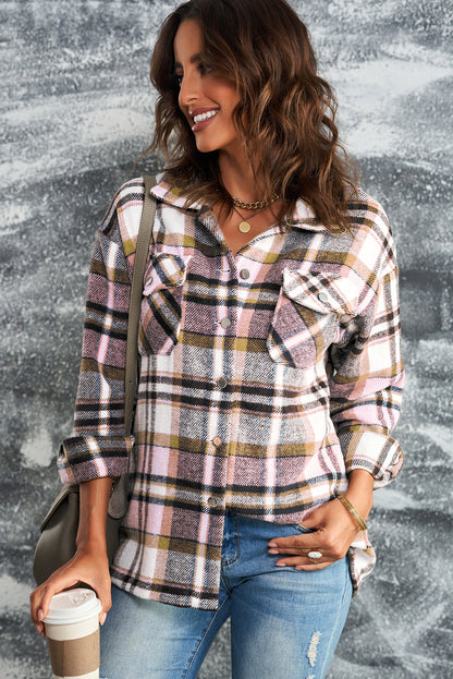 Wholesale Brown Plaid Button Up Long Sleeve Flannel Shacket