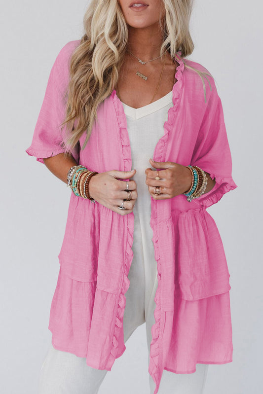 Pink Ruffled Trim Short Sleeve Open Front Kimono