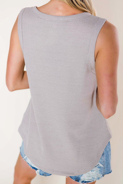 Grey Waffle Knit Basic Notched Neck Pocket Tank Top