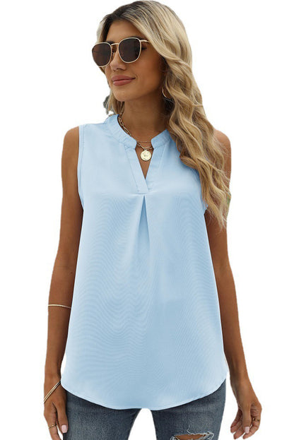 Beau Blue Solid Color Notched Neck Sleeveless Shirt