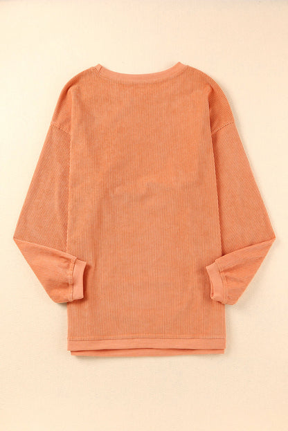 Orange Plain Drop Sleeve Rib-Knit Oversized Sweatshirt