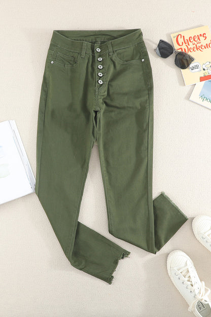 Green Frayed Raw Hem High Waist Denim Jeans