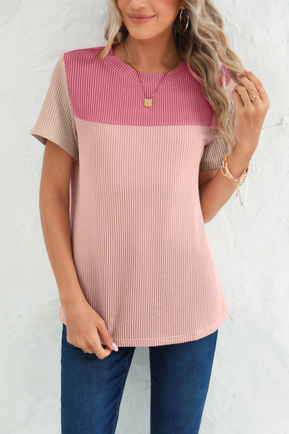 Light Blue Rib Textured Colorblock Round Neck T Shirt