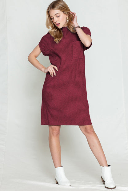 Oatmeal Patch Pocket Ribbed Knit Short Sleeve Sweater Dress