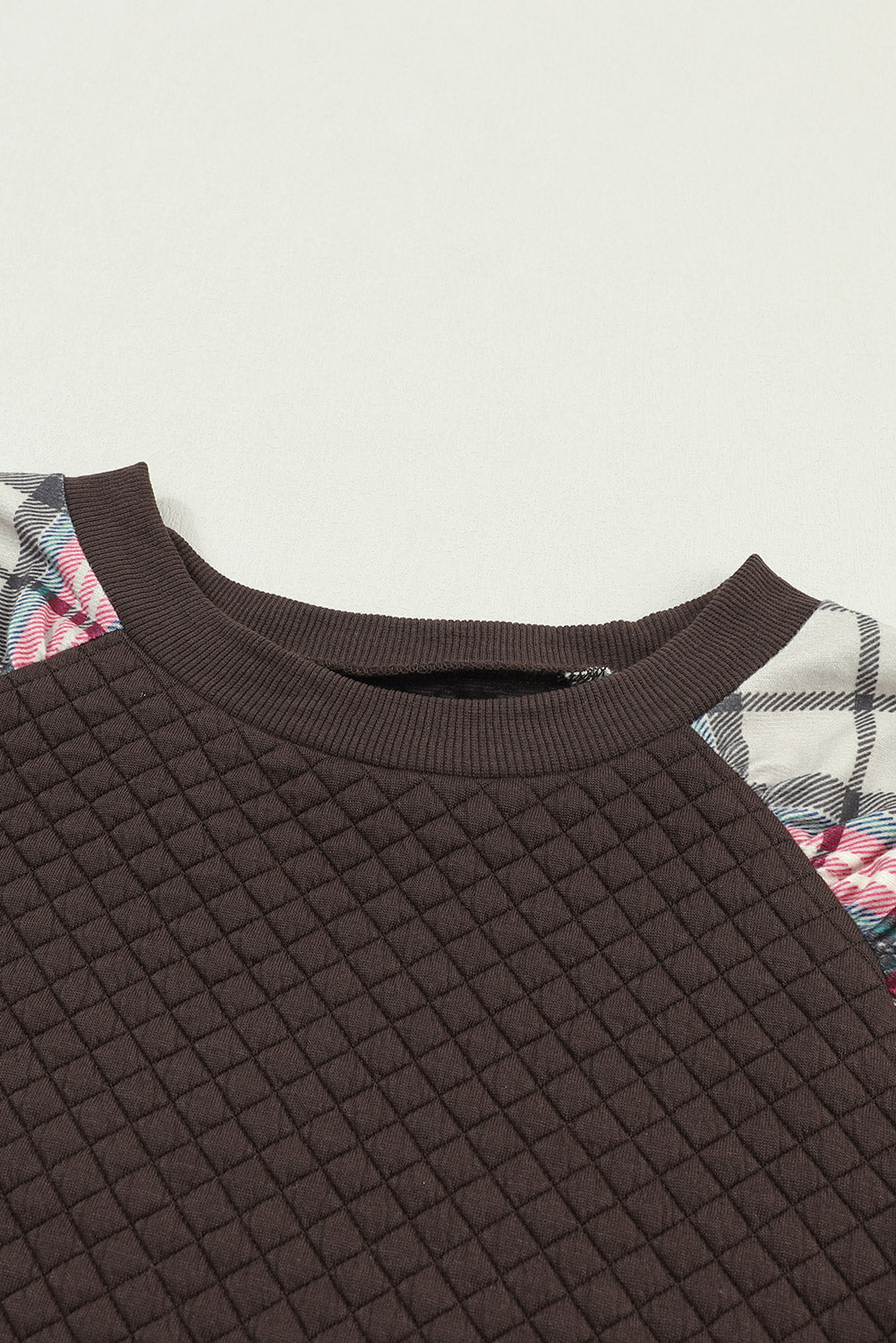 Brown Plaid Print Waffle Quilted Raglan Sleeve Sweatshirt