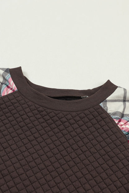 Brown Plaid Print Waffle Quilted Raglan Sleeve Sweatshirt