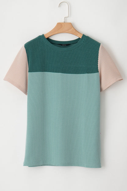 Light Blue Rib Textured Colorblock Round Neck T Shirt