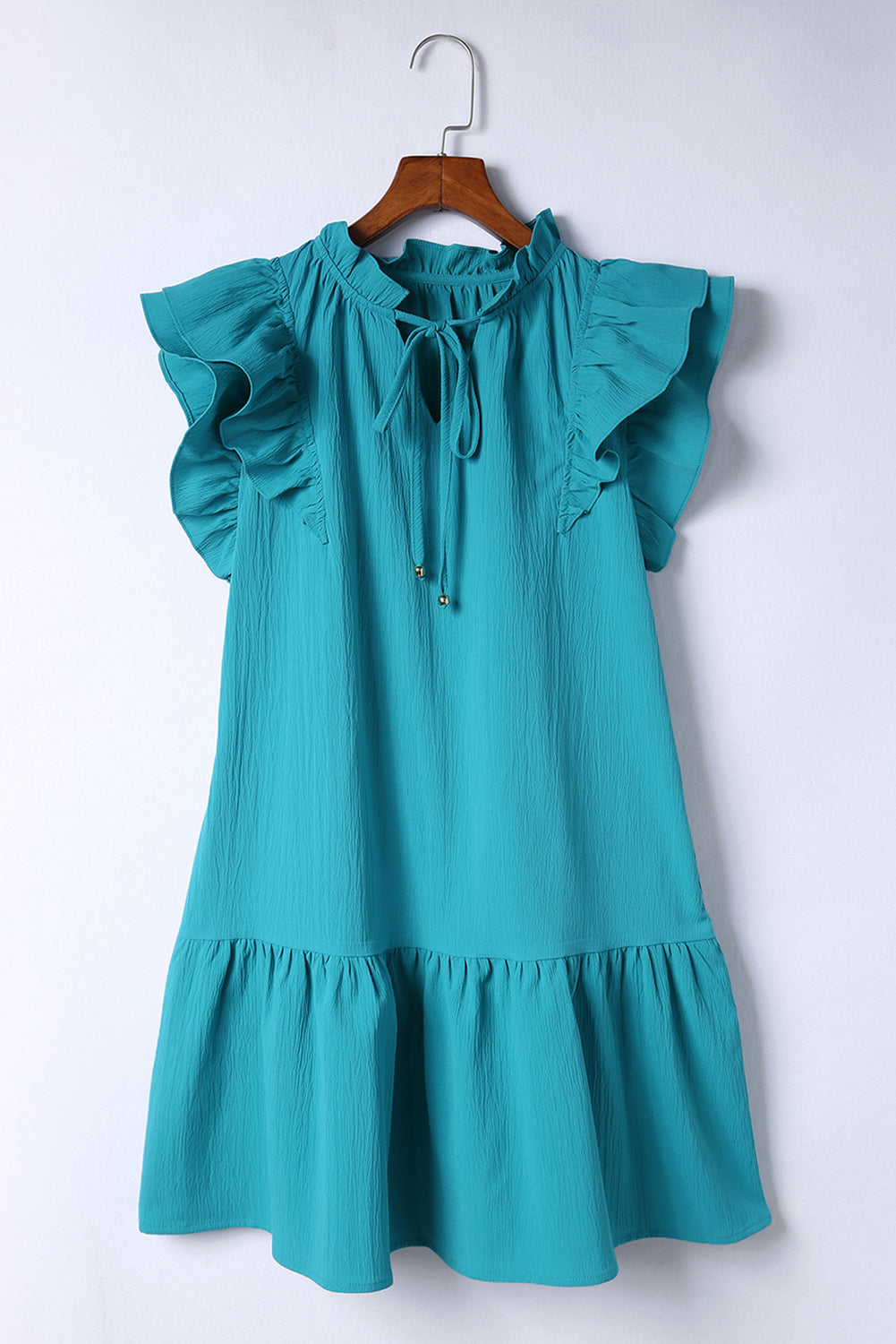 Green Tiered Ruffled Drawstring V Neck Short Dress With Pockets