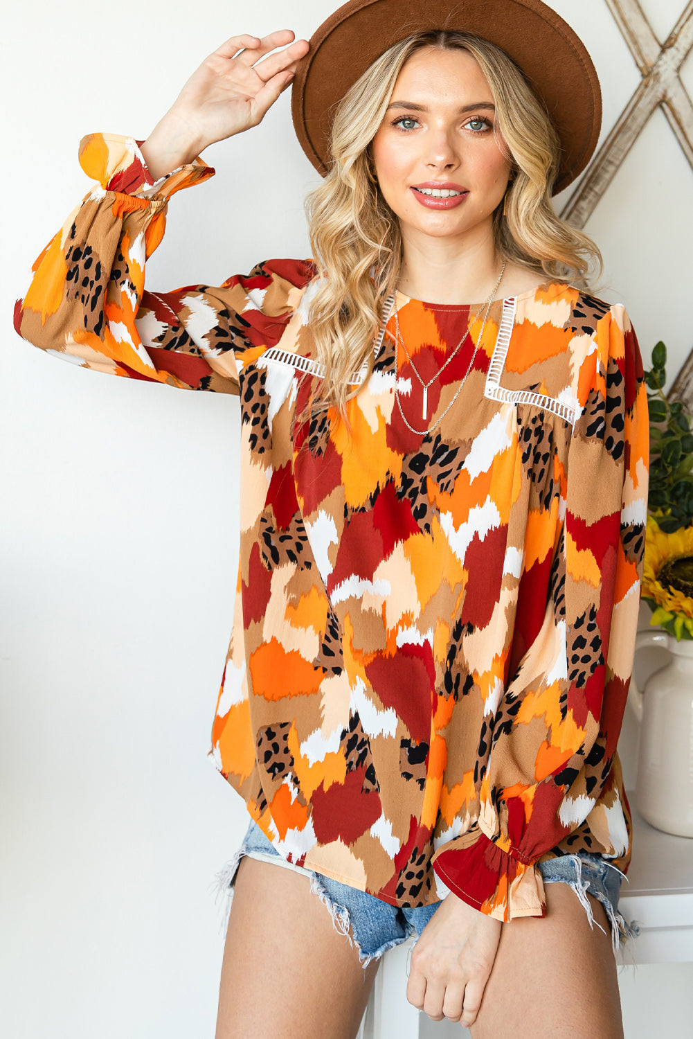 Multicolor Abstract Print Boho Frill Long Sleeve Blouse