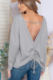 Grey Waffle Knit Cinched Backless Drop Shoulder Long Sleeve Top