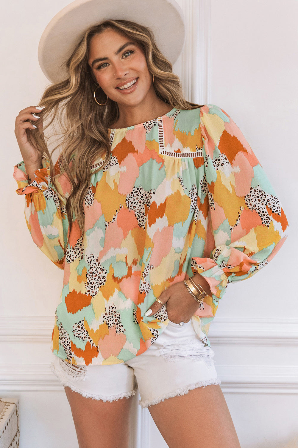 Multicolor Abstract Print Boho Frill Long Sleeve Blouse