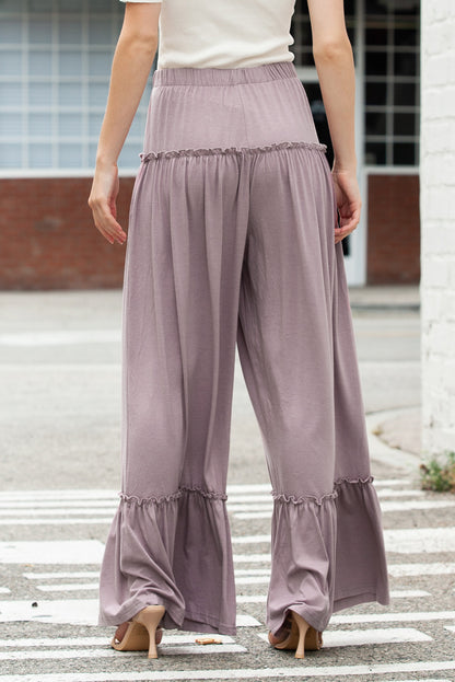 Khaki Frill Detail Drawstring High Waist Wide Leg Pants