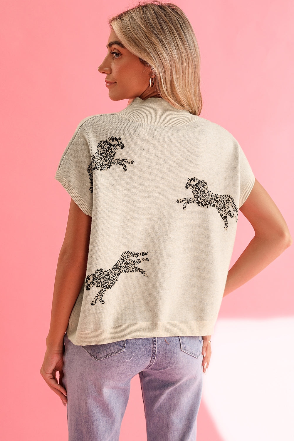 Wholesale Apricot Cheetah Pattern Mock Neck Short Sleeve Sweater