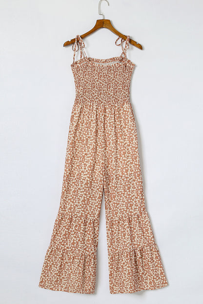 Dusk Blue Floral Print Spaghetti Straps Smocked Wide Leg Jumpsuit