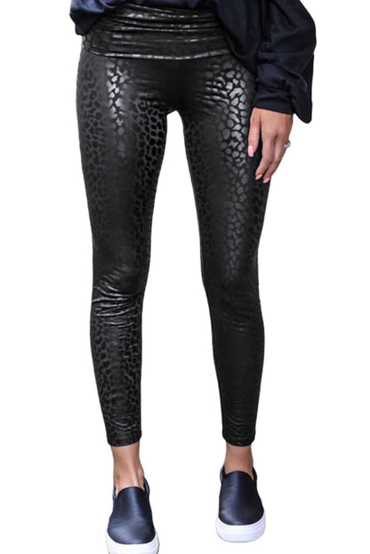 Black Shiny Leopard Casual Textured Leggings