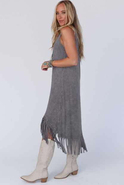 Gray Washed Sleeveless Fringe High Low Hem Maxi Dress