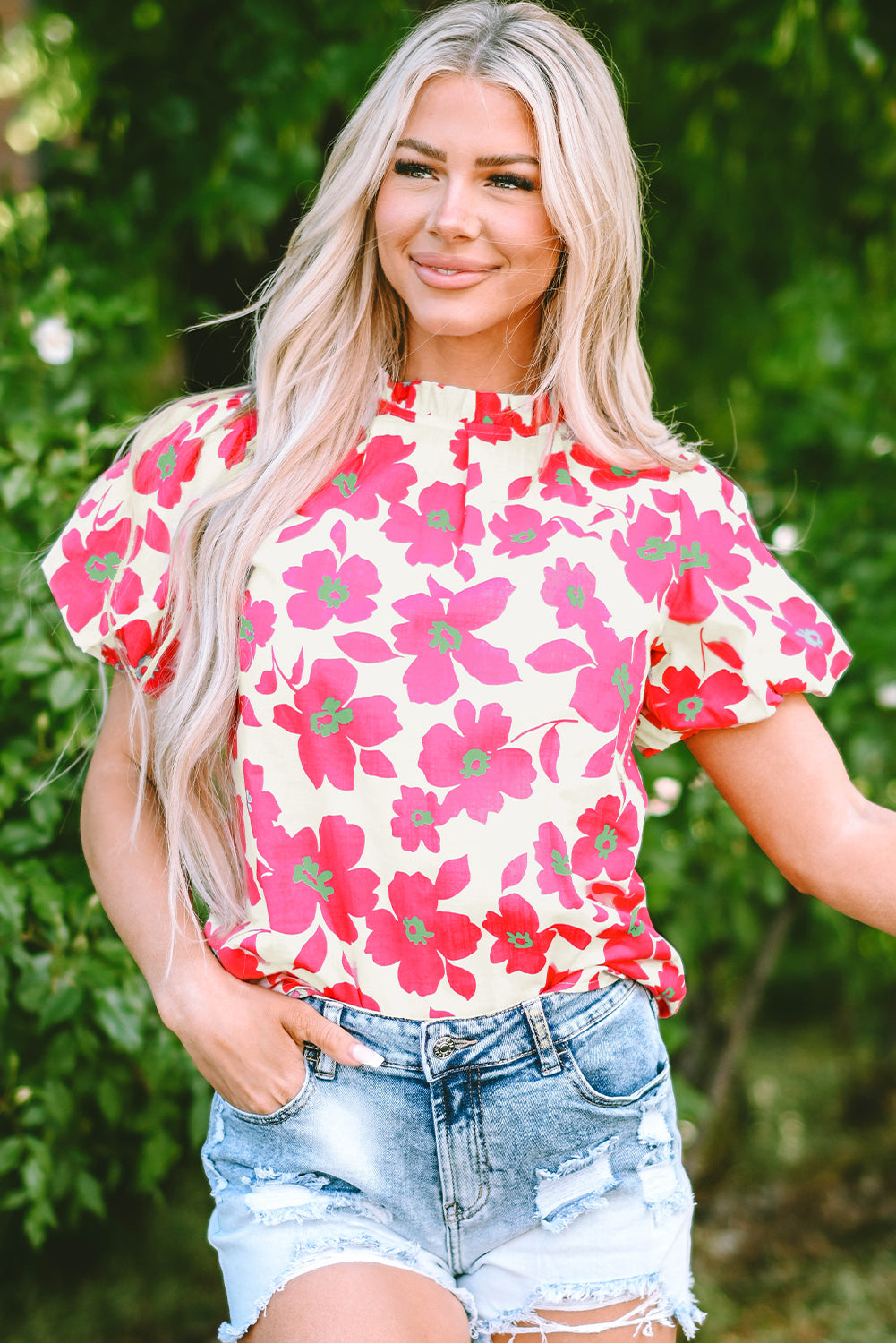 Green Floral Puff Sleeve Frilled Neckline Blouse