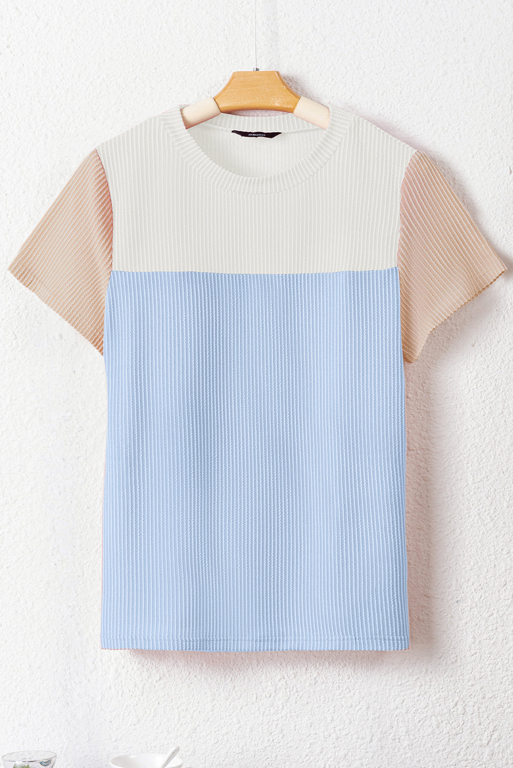 Light Blue Rib Textured Colorblock Round Neck T Shirt