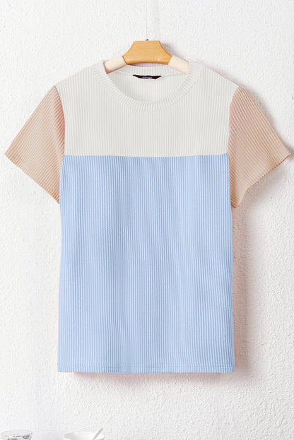 Light Blue Rib Textured Colorblock Round Neck T Shirt