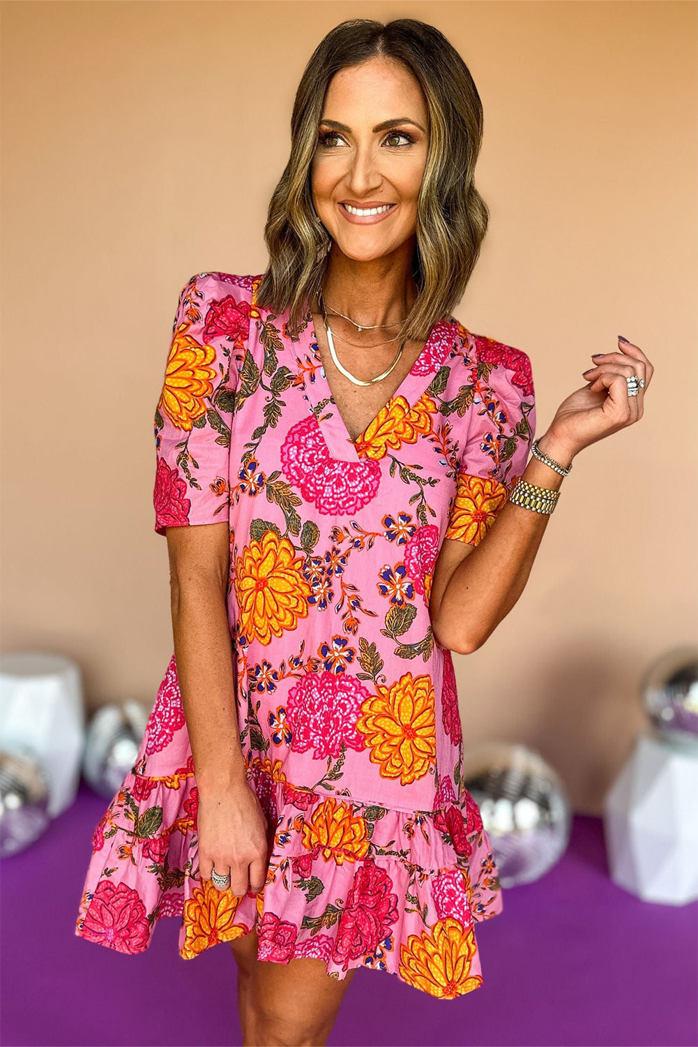 Pink Floral Bubble Sleeve V Neck Ruffled Mini Dress