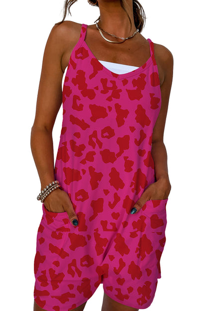 Rose Red Leopard Pocketed V Neck Sleeveless Romper