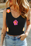 Black 3D 60s Vintage Flower Patch Cropped Knit Sleeveless Top