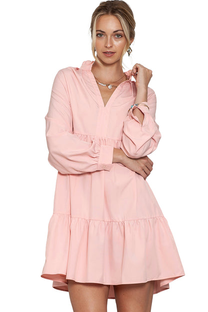 Pink Casual Stand V Neck Short Frill Dress