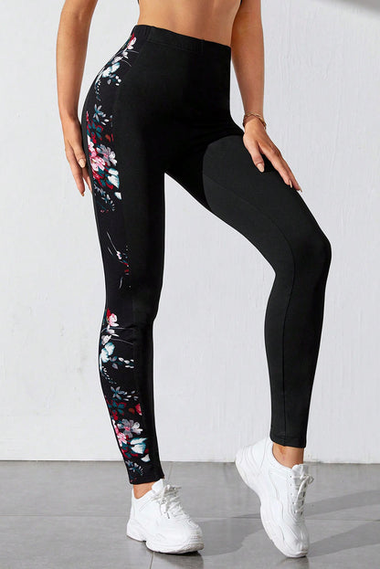 Black Floral Print Patch High Waist Leggings