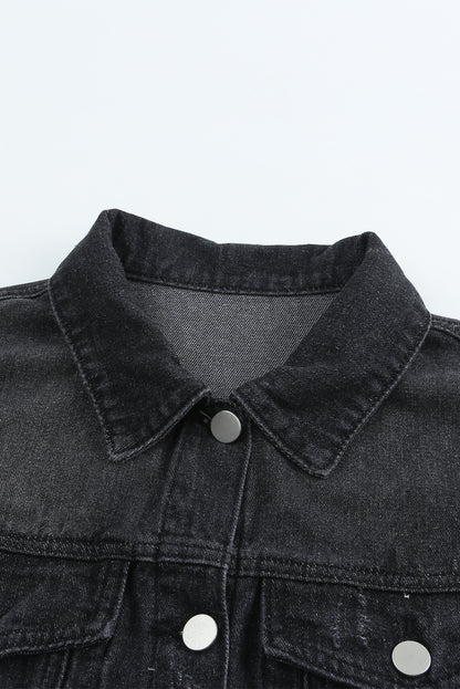 Black Casual Distressed Raw Hem Buttons Denim Jacket