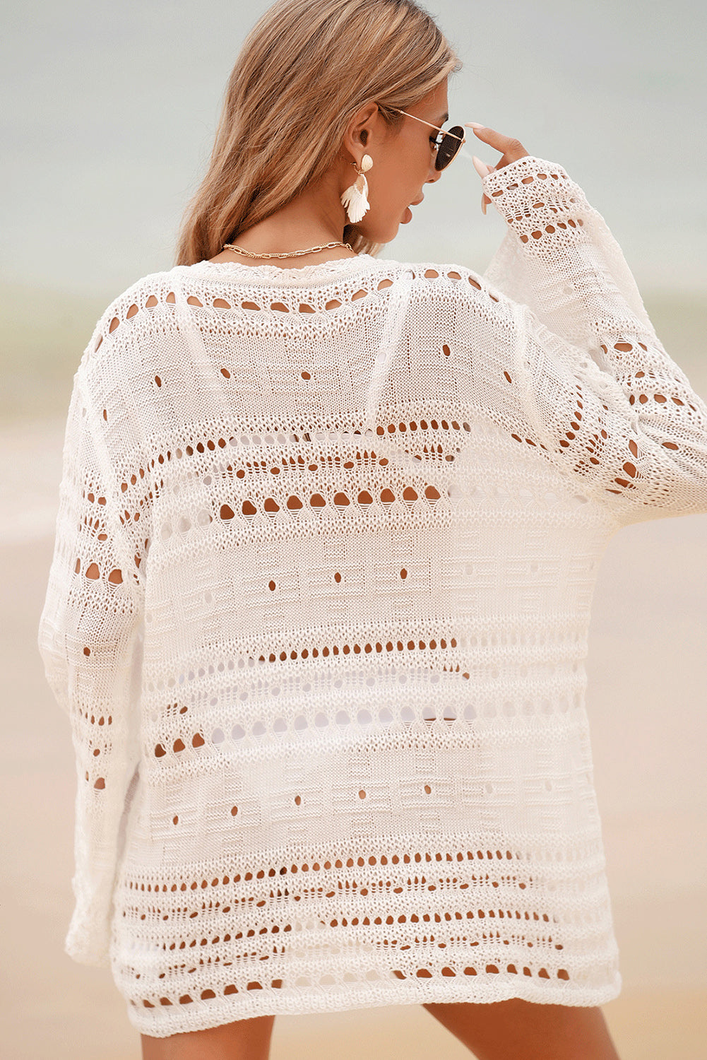 White Lace Up V Neck Hollow Out Knitted Long Sleeve Cover Up