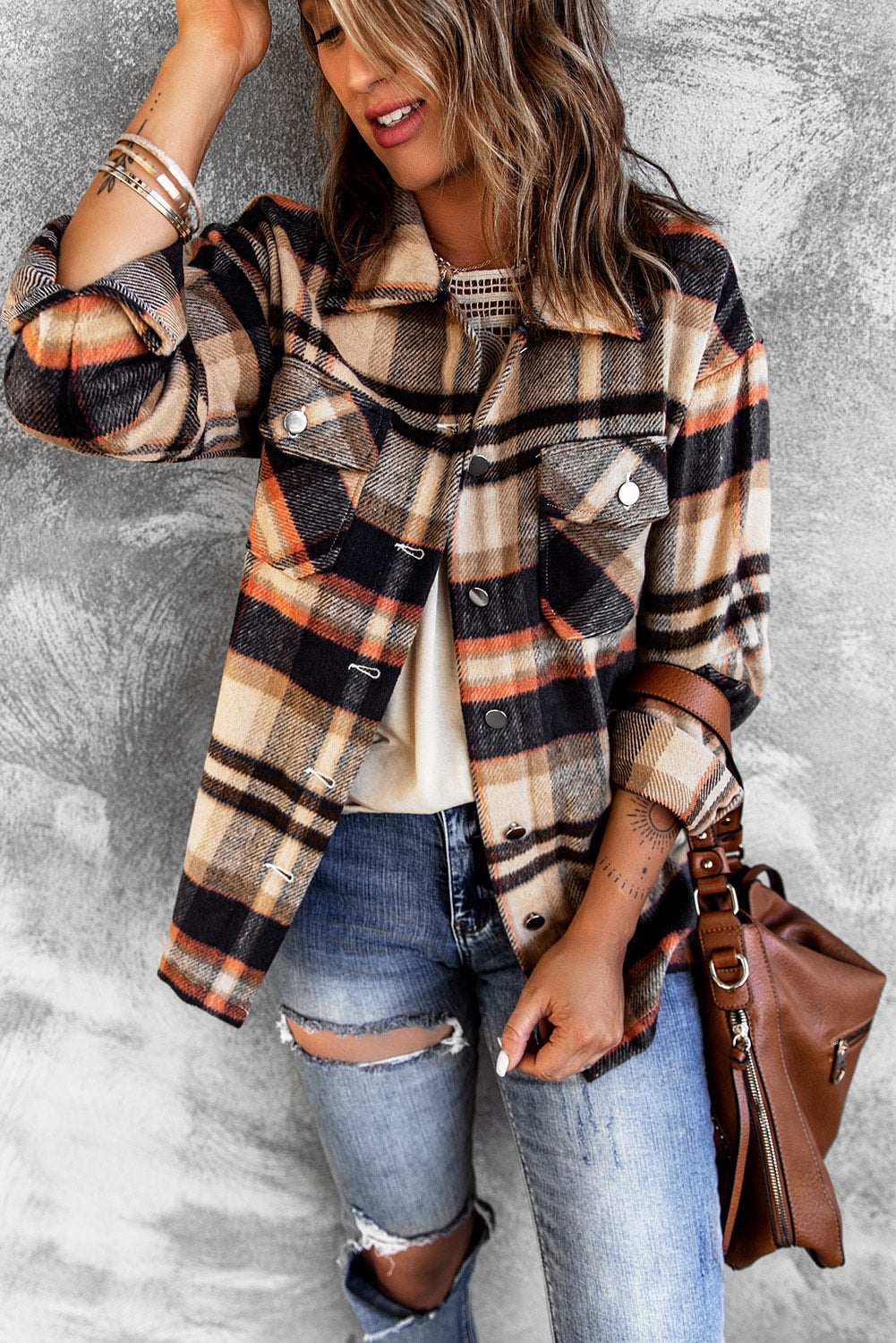 Wholesale Brown Plaid Button Up Long Sleeve Flannel Shacket