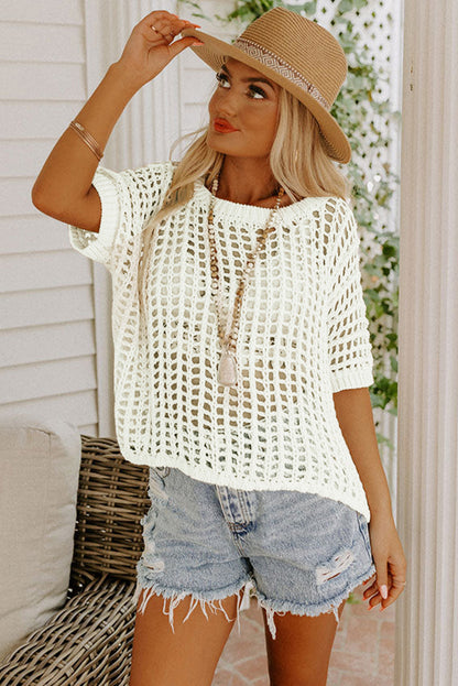 Apricot Fishnet Knit Ribbed Round Neck Short Sleeve Tee