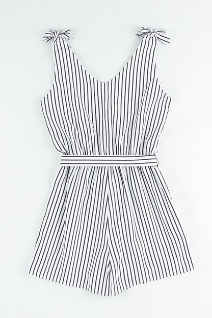 White Striped Print V Neck Sleeveless Belted Romper