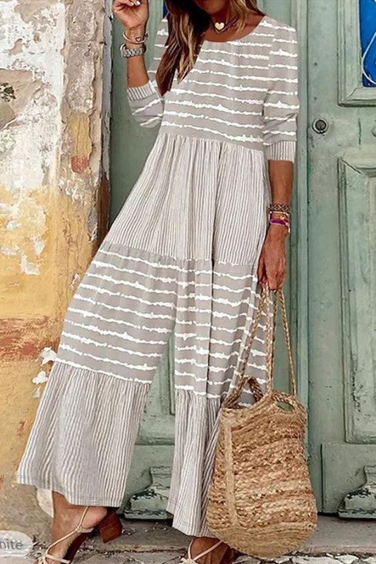 Light Grey Striped Splicing Wide Leg Jumpsuit