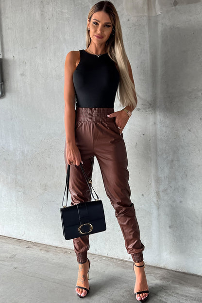 Brown Smocked High Waist Leather Skinny Pants