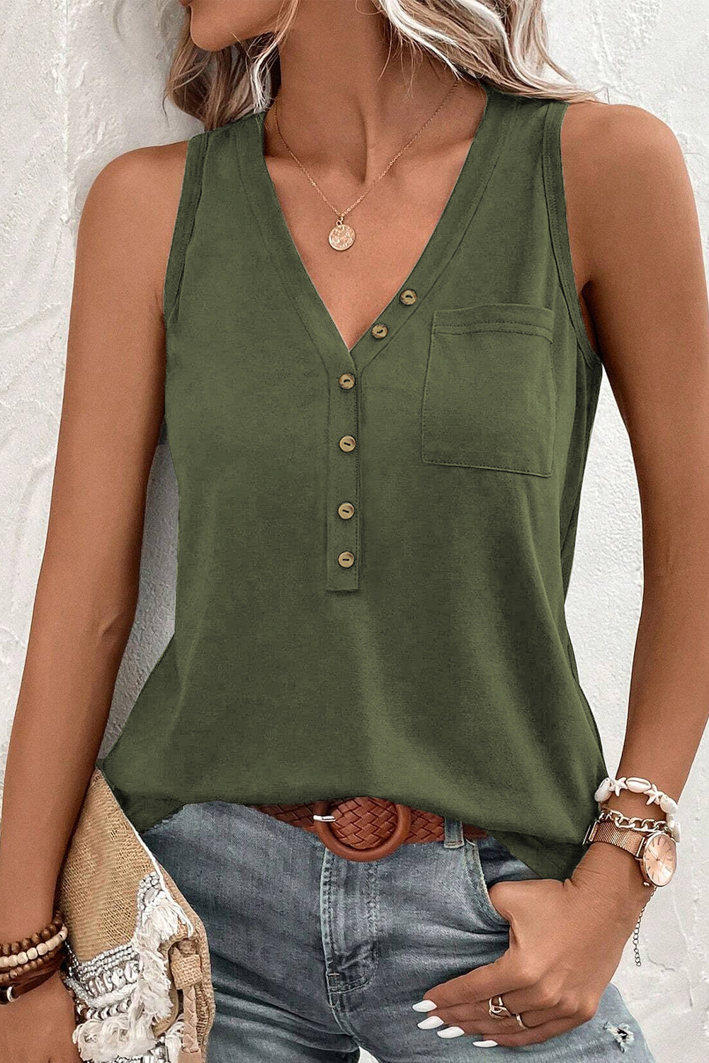 Black Half Button V Neck Patched Pocket Tank Top