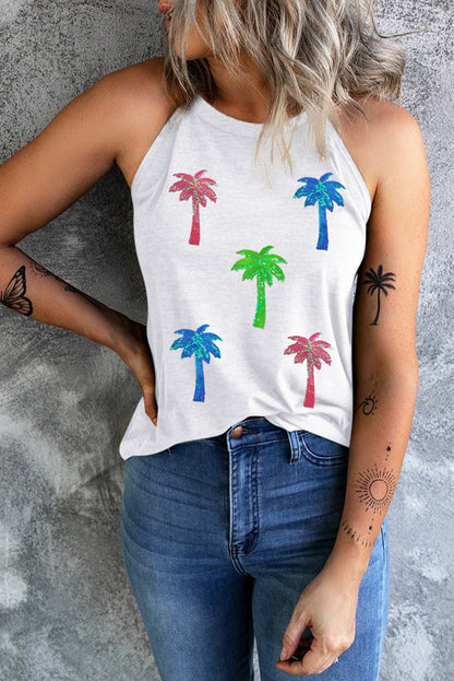 White Sequin Coconut Tree Graphic Halter Neck Tank Top