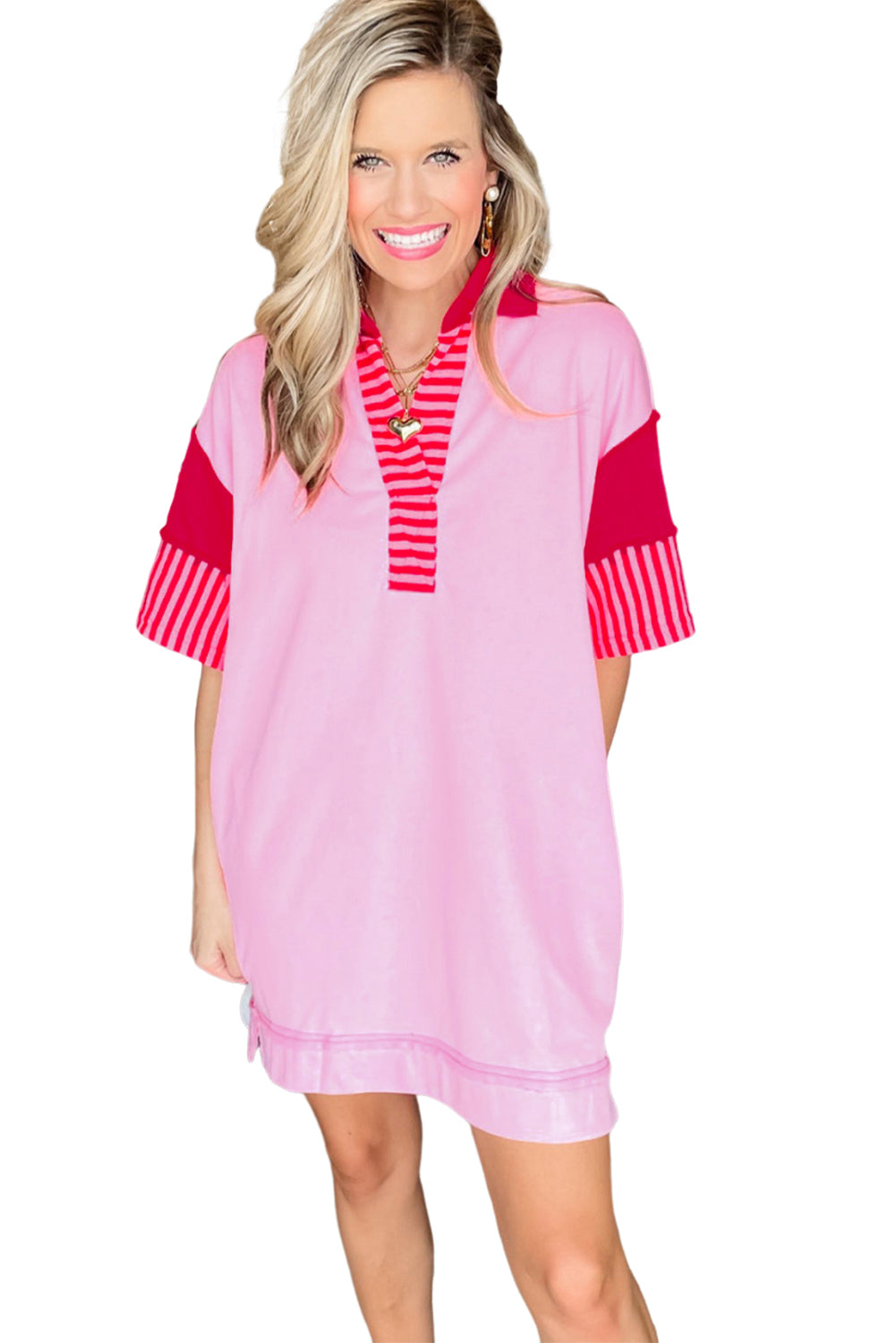 Pink Stripe Colorblock Sleeve Collared Mini Dress