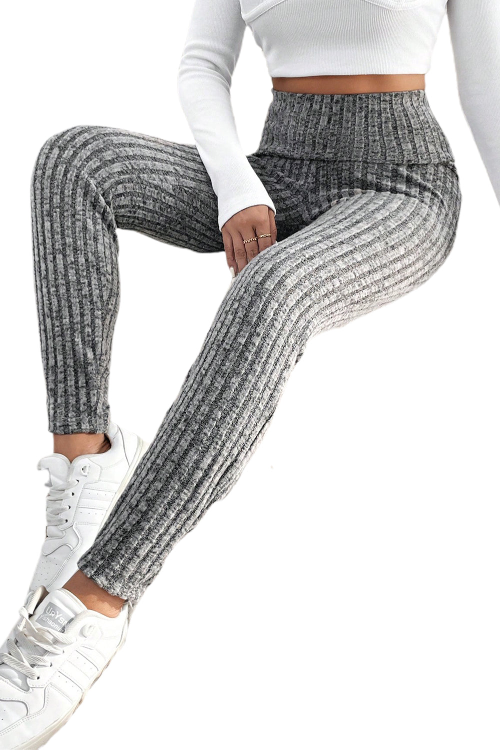 Dark Grey Wide Waistband Ribbed Textured Knit Leggings