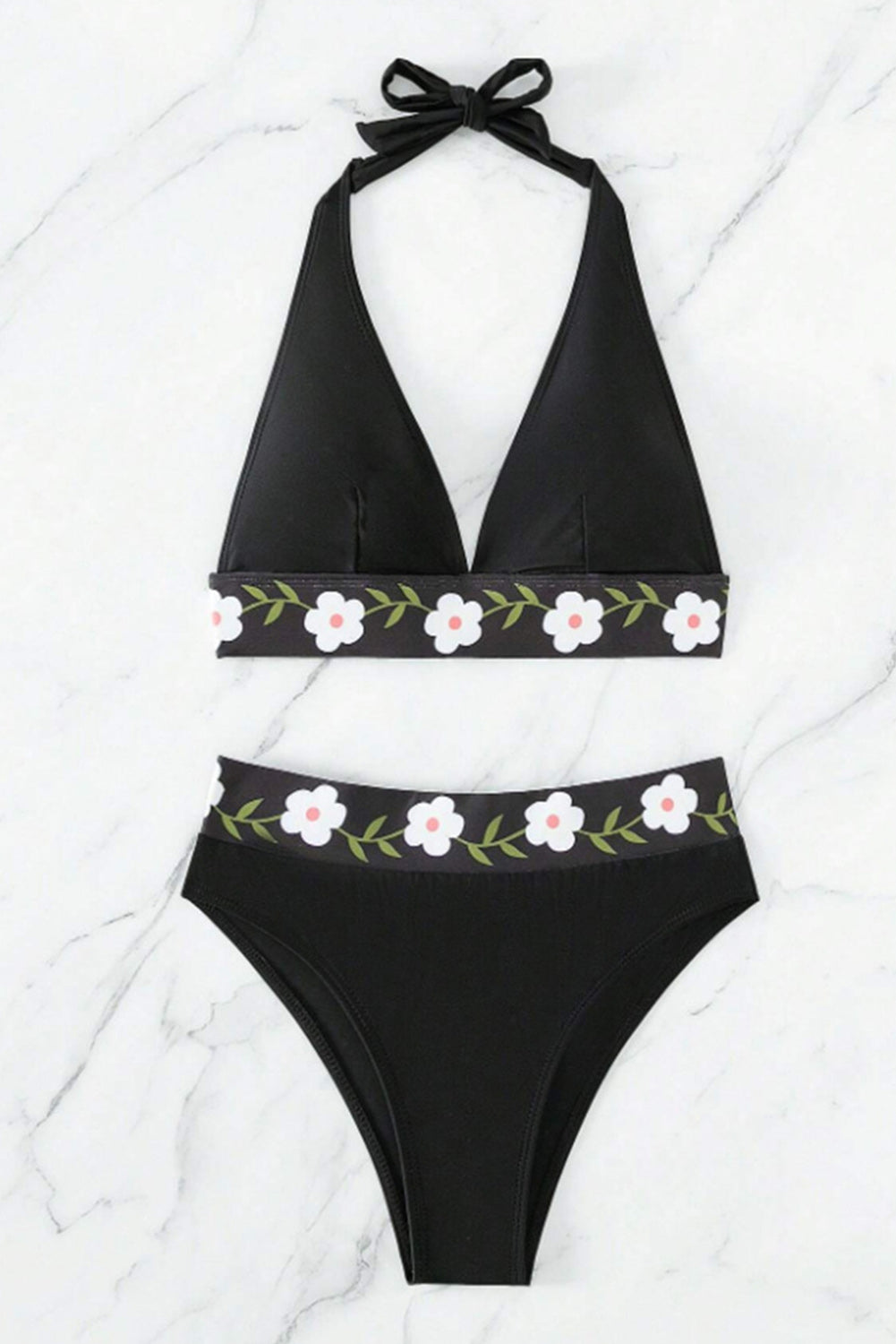 Black Floral Banded Halter Bikini Swimsuit