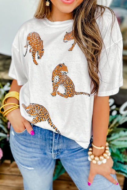 White Animal Print Round Neck T Shirt