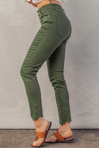 Green Frayed Raw Hem High Waist Denim Jeans