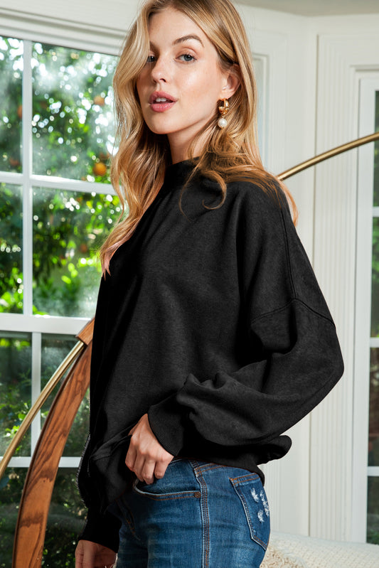 Black Plain Drop Shoulder Crew Neck Pullover Sweatshirt