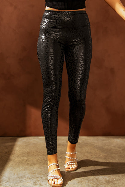 Black Shiny Leopard Casual Textured Leggings