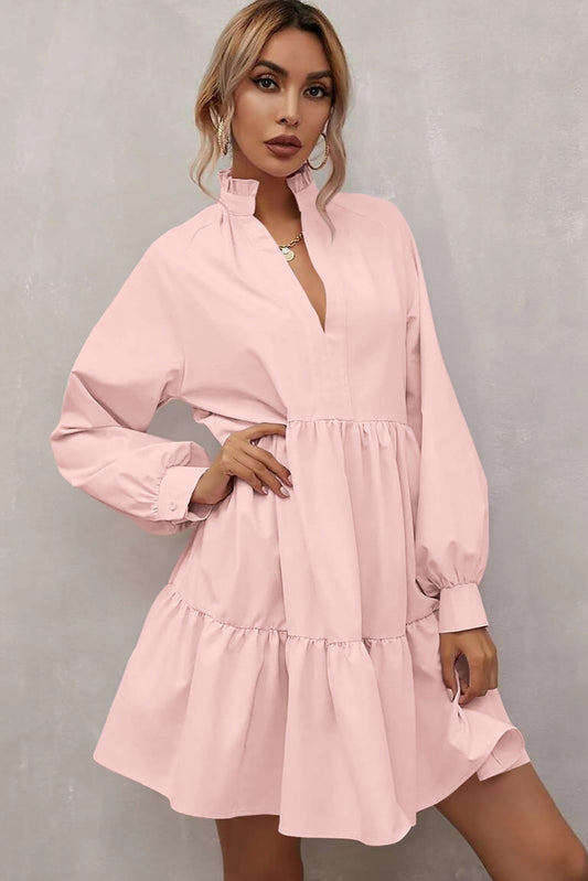 Pink Casual Stand V Neck Short Frill Dress