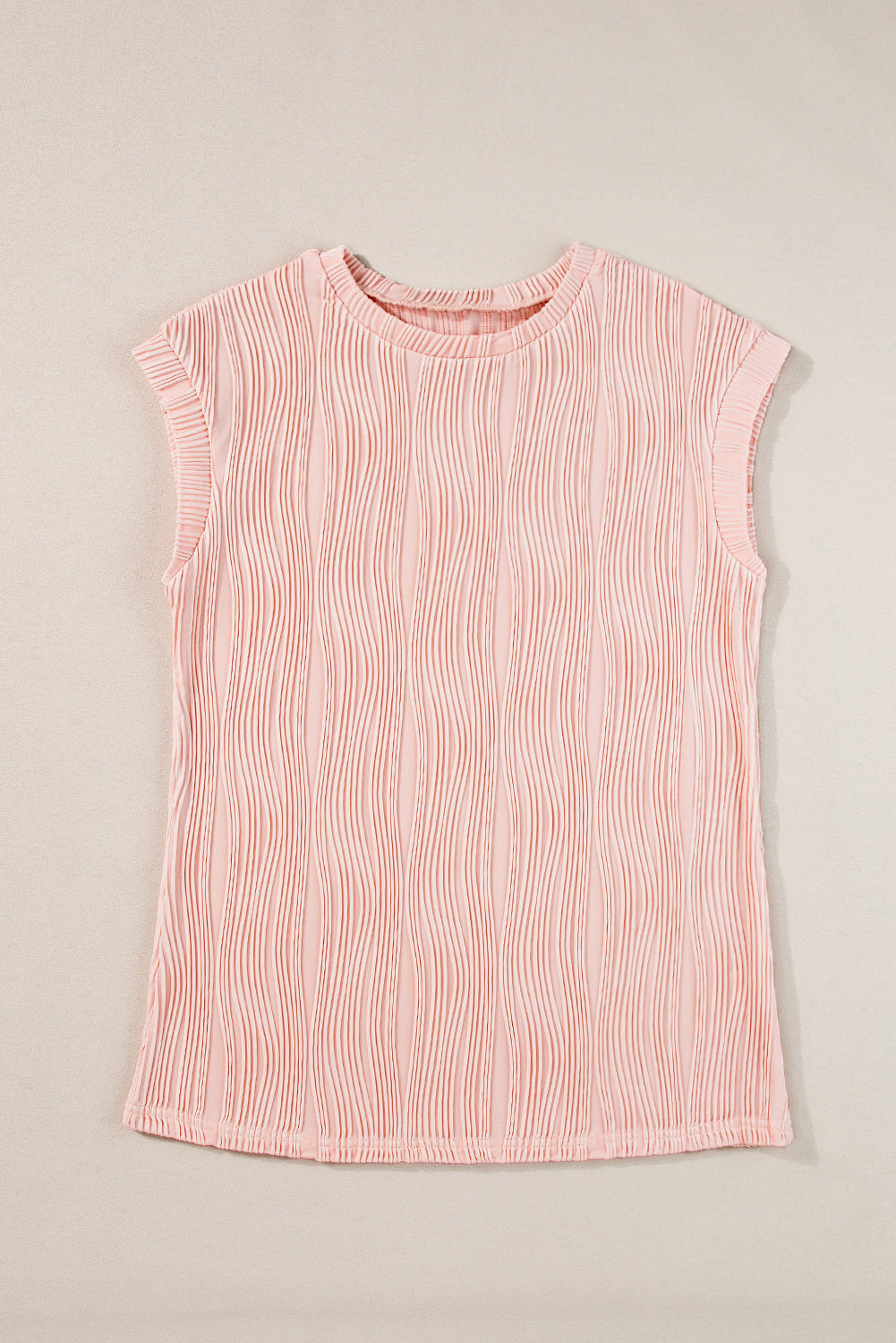 Pink Solid Color Wavy Textured Cap Sleeve Top