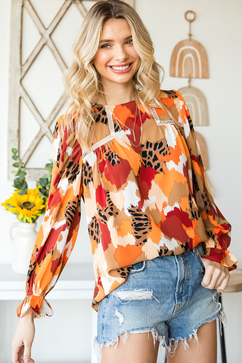 Multicolor Abstract Print Boho Frill Long Sleeve Blouse