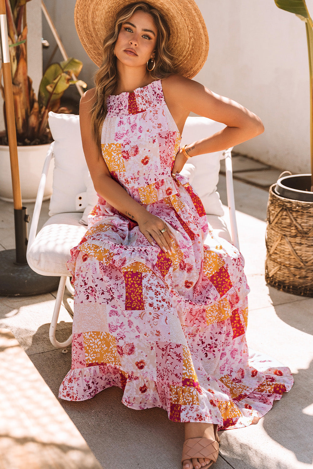 Multicolor Floral Print Sleeveless Tiered Ruffle Trim Sundress