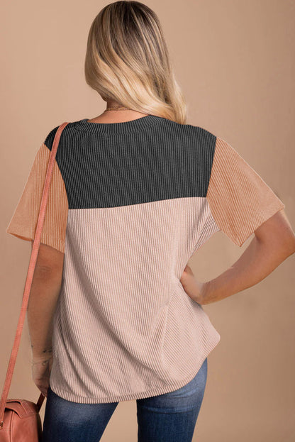 Light Blue Rib Textured Colorblock Round Neck T Shirt